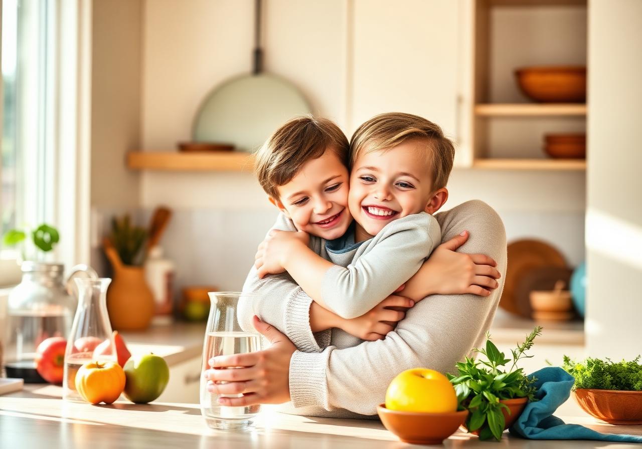 Mother and child hugging with vitality in a sunlit kitchen — restored family health