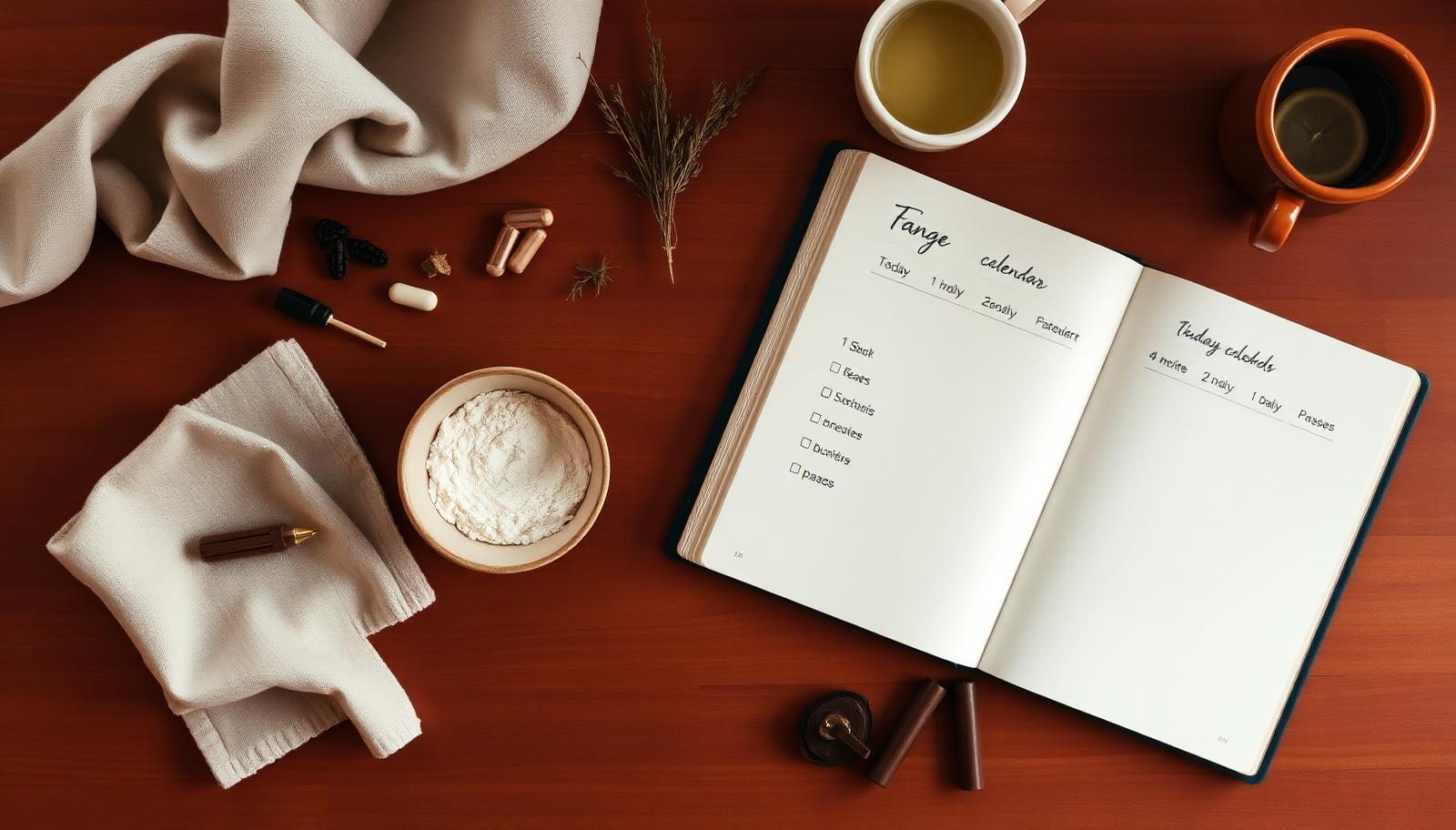 Open journal showing a 14-day clinical calendar next to a small ceramic bowl of mineral Zeolite powder
