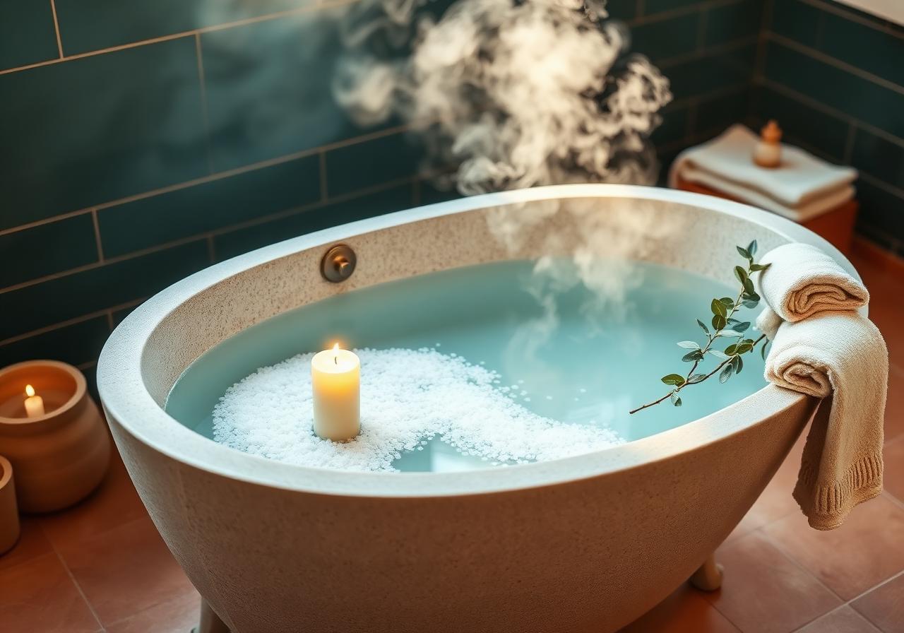 Stone bathtub with sea salt, candle and towel — Herxheimer restoration ritual