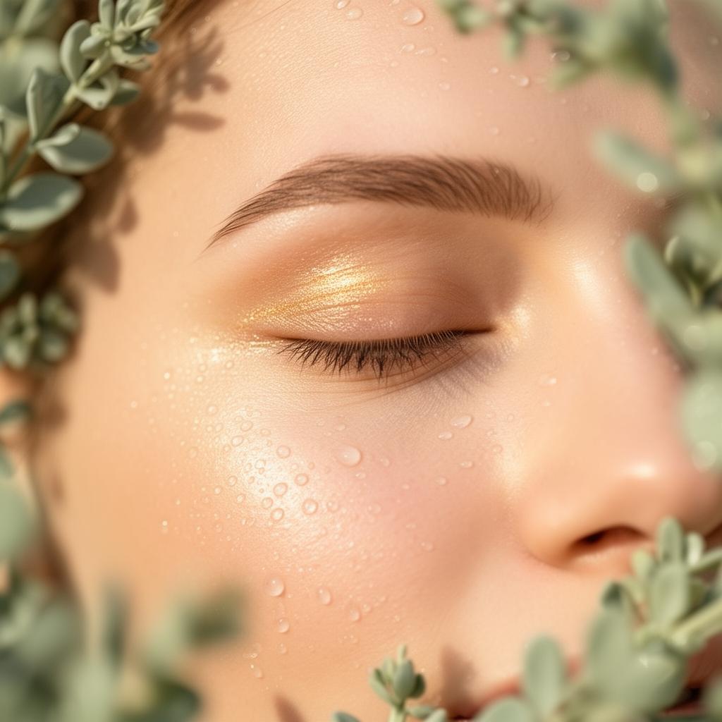 Close-up of a serene woman's eye area surrounded by fresh sage leaves and morning dew