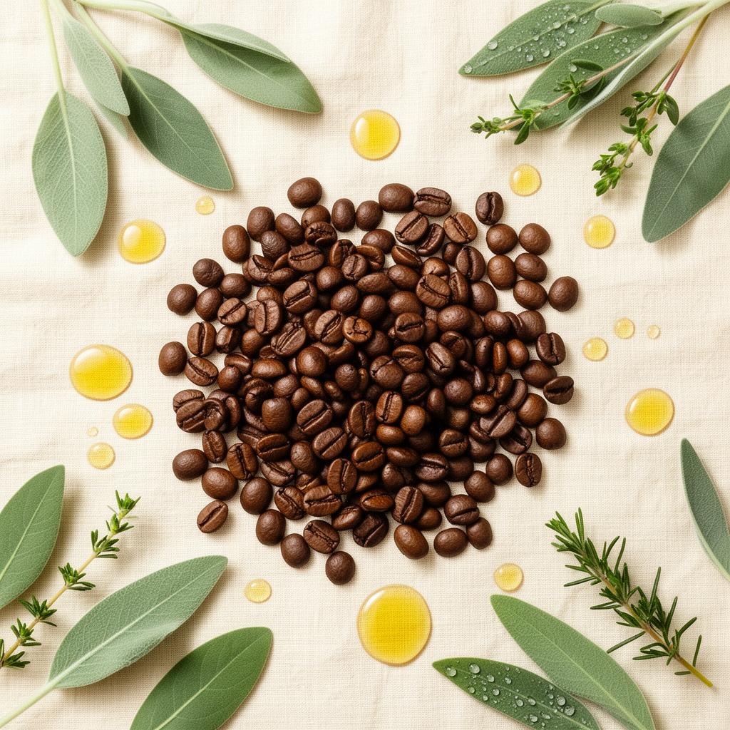 Botanical flat-lay of coffee beans surrounded by sage leaves and golden oil drops
