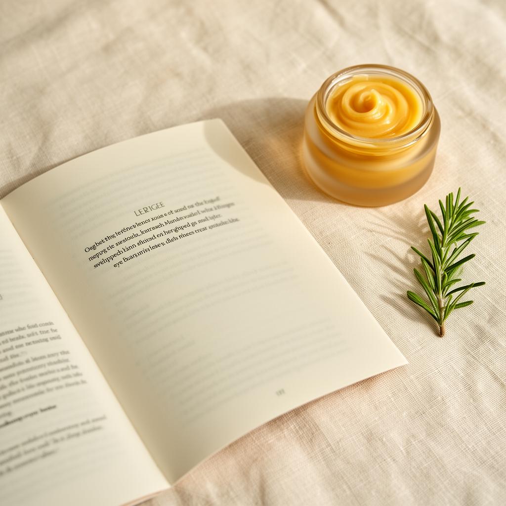 Premium PDF guide opened beside a tiny amber jar of golden eye contour balm