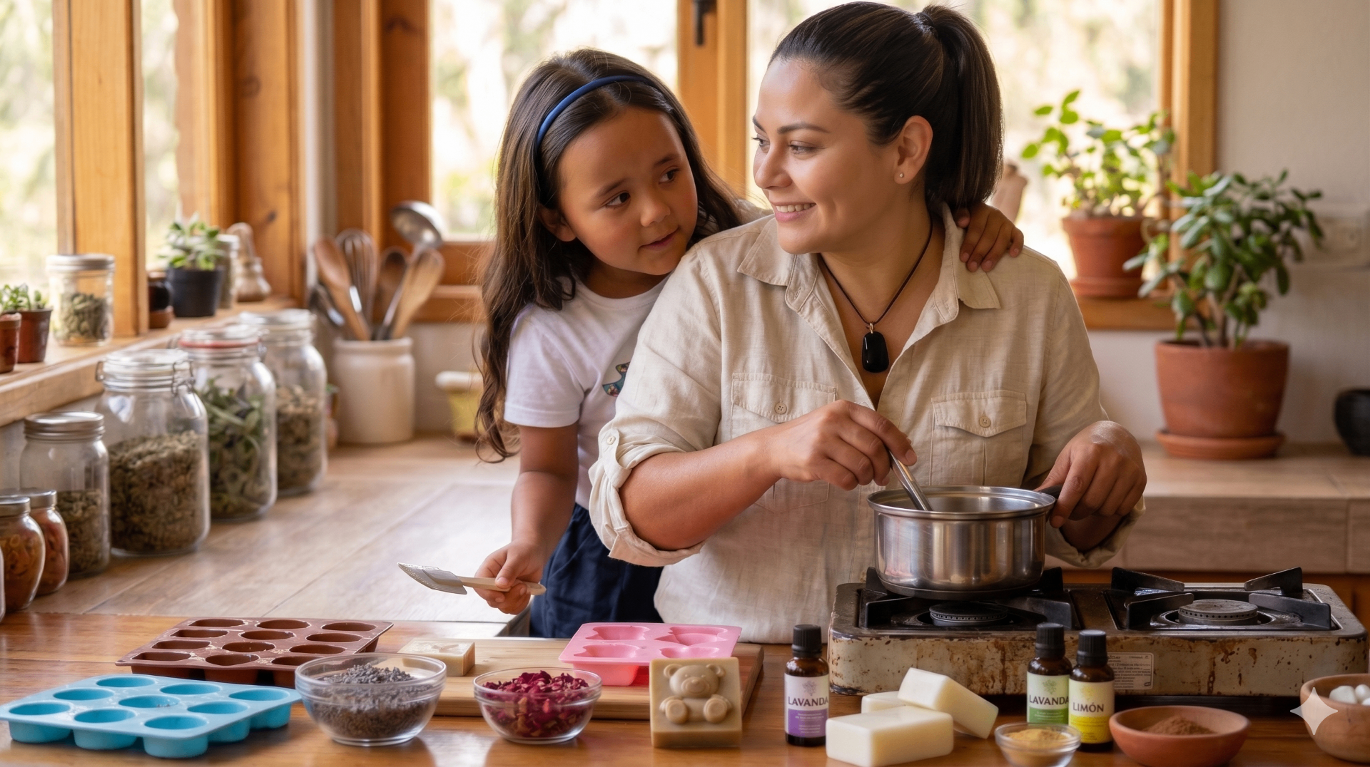 Mother and daughter making natural handmade soaps together at home