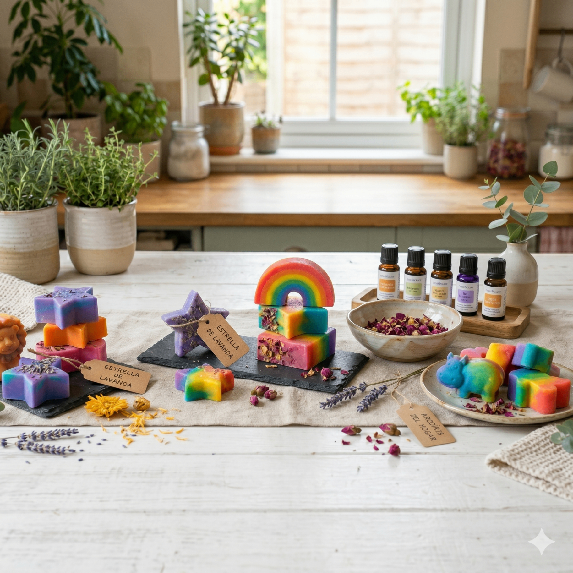 Display of colorful handmade natural soaps with essential oils and dried flowers