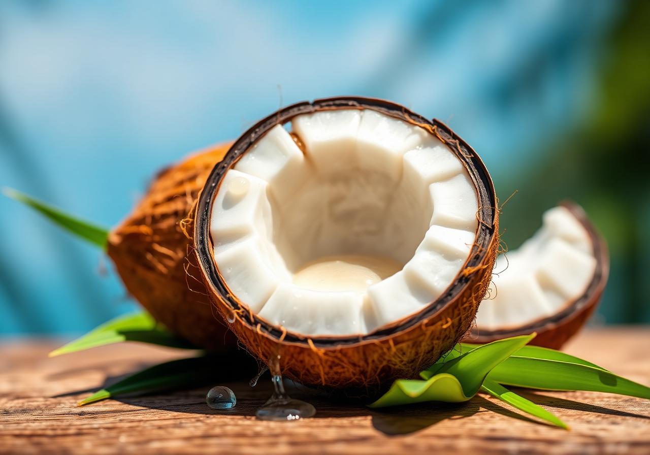 Halved fresh coconut releasing virgin coconut oil drops on a wooden surface with tropical leaves
