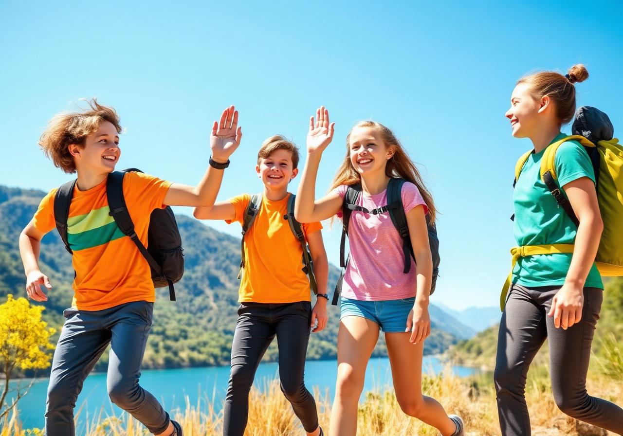 Active adventurous teens laughing and high-fiving on a mountain trail by a lake