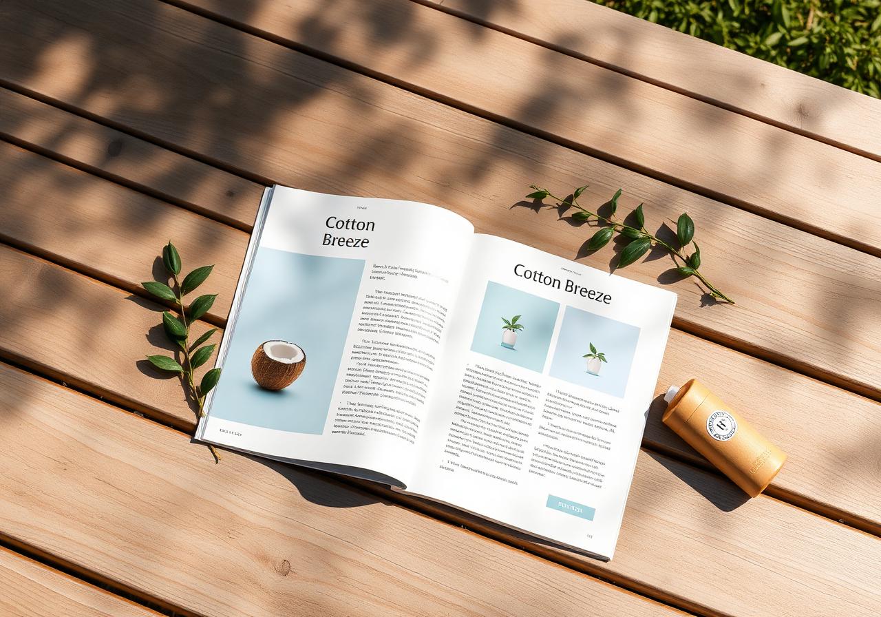 Premium Cotton Breeze PDF guide opened on a wooden picnic table beside a cardboard deodorant tube