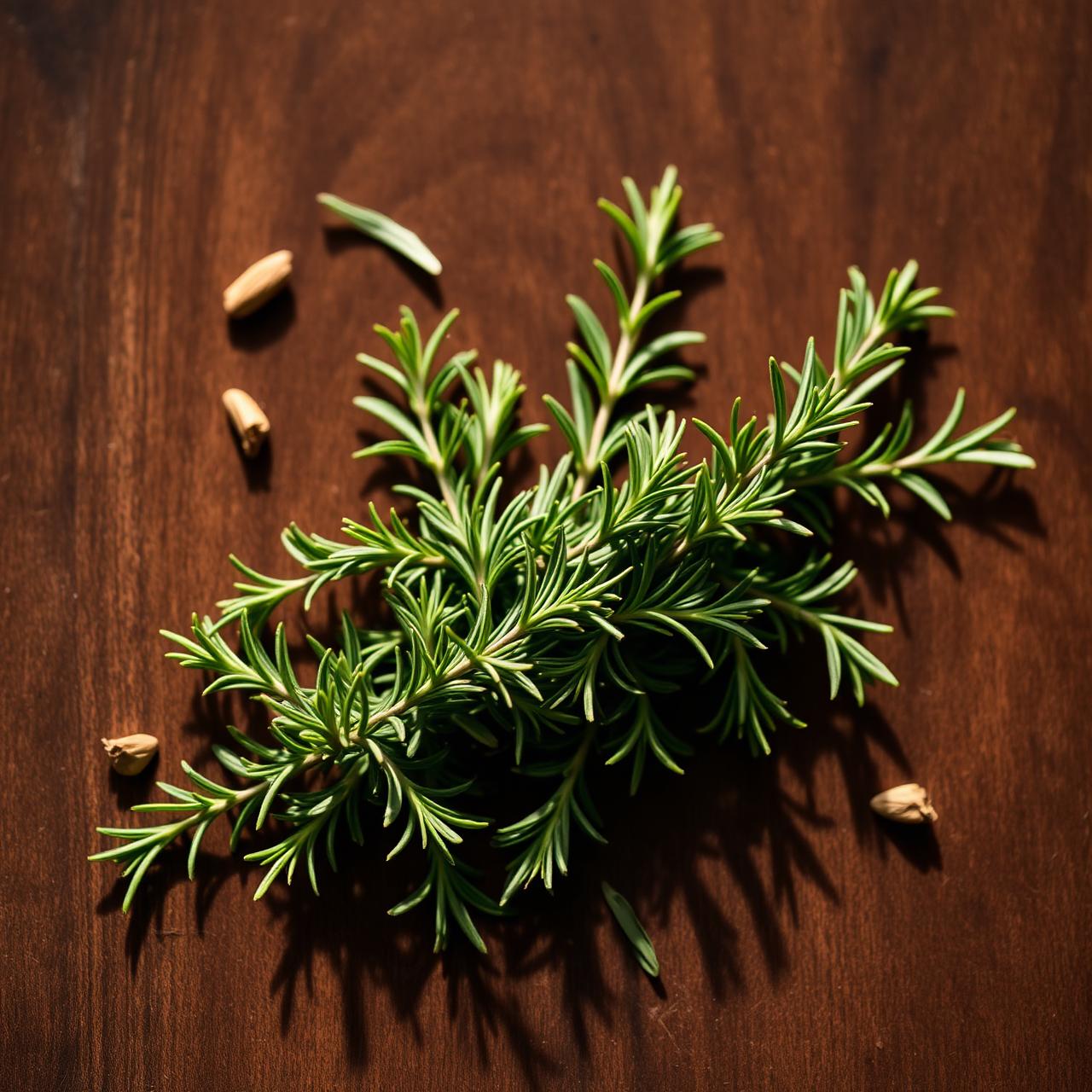Fresh rosemary sprigs scattered on dark walnut wood