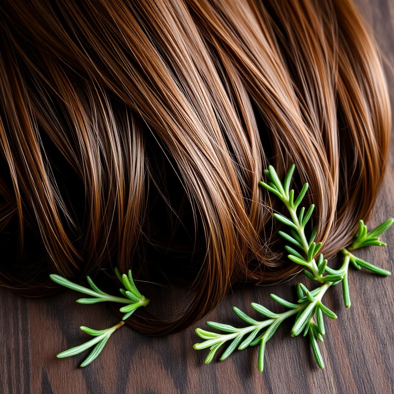 Glossy chestnut hair on walnut wood with fresh rosemary sprigs — natural color, healthy roots