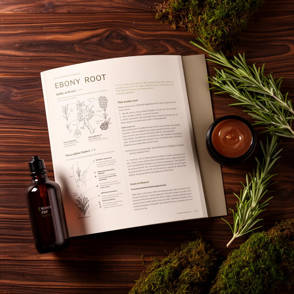 Premium Ebony Root PDF guide opened on walnut wood beside a small jar