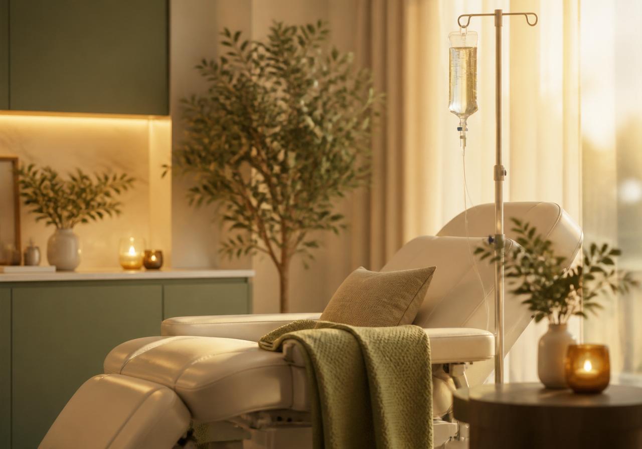 Integrative wellness clinic: a warm reclining chair, an IV drip stand, olive plants and candlelight
