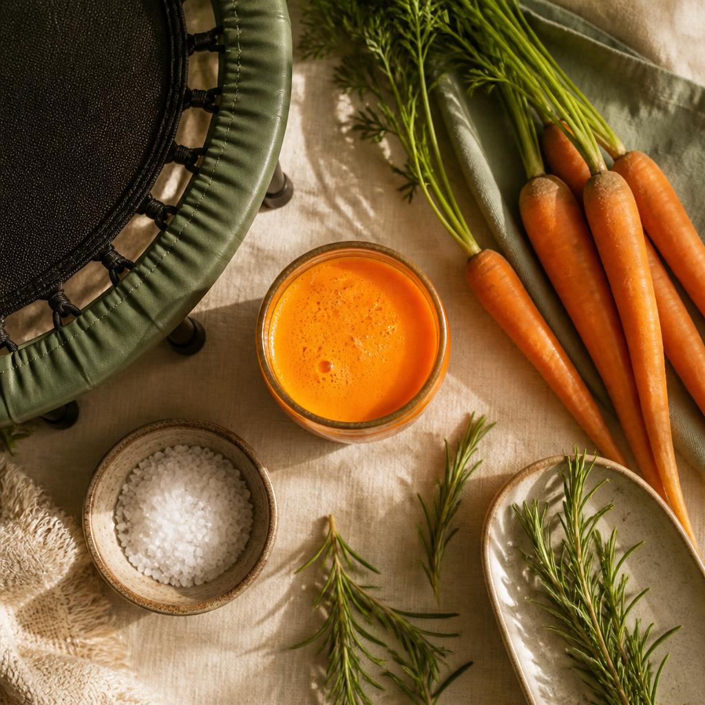 Overhead flat lay: fresh carrot juice, whole carrots, a mini-trampoline, sea salt bowl and rosemary sprigs — nutritional foundation of the protocol