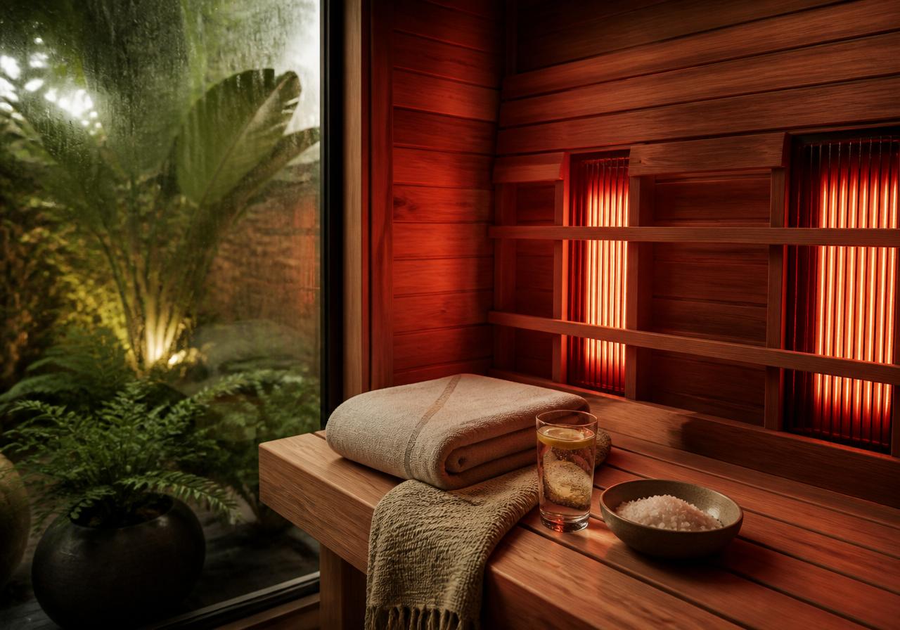 Infrared sauna interior: warm cedar walls, folded linen towel, glass of water with lemon and sea salt