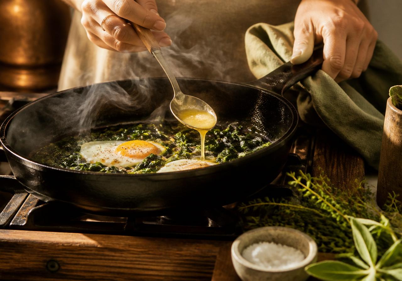 Close-up of hands cooking eggs and spinach in a cast-iron pan with melting Ghee — the golden cooking rule at the heart of the Nutritional Genesis menu