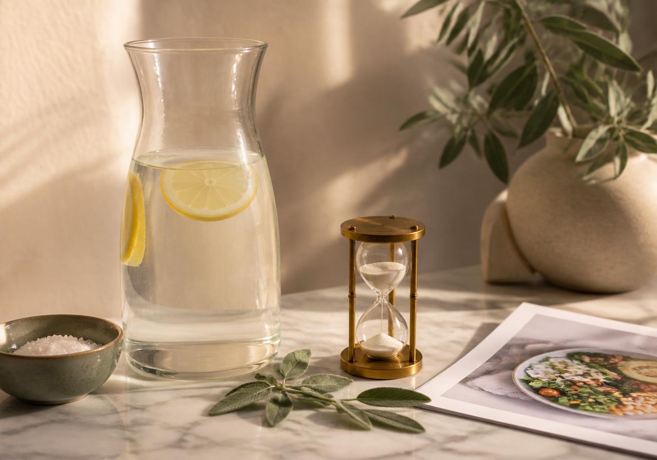 Minimalist scene: a glass carafe of water with lemon and sea salt, an hourglass marking the fasting window, a sage leaf and a page of the nutritional guide