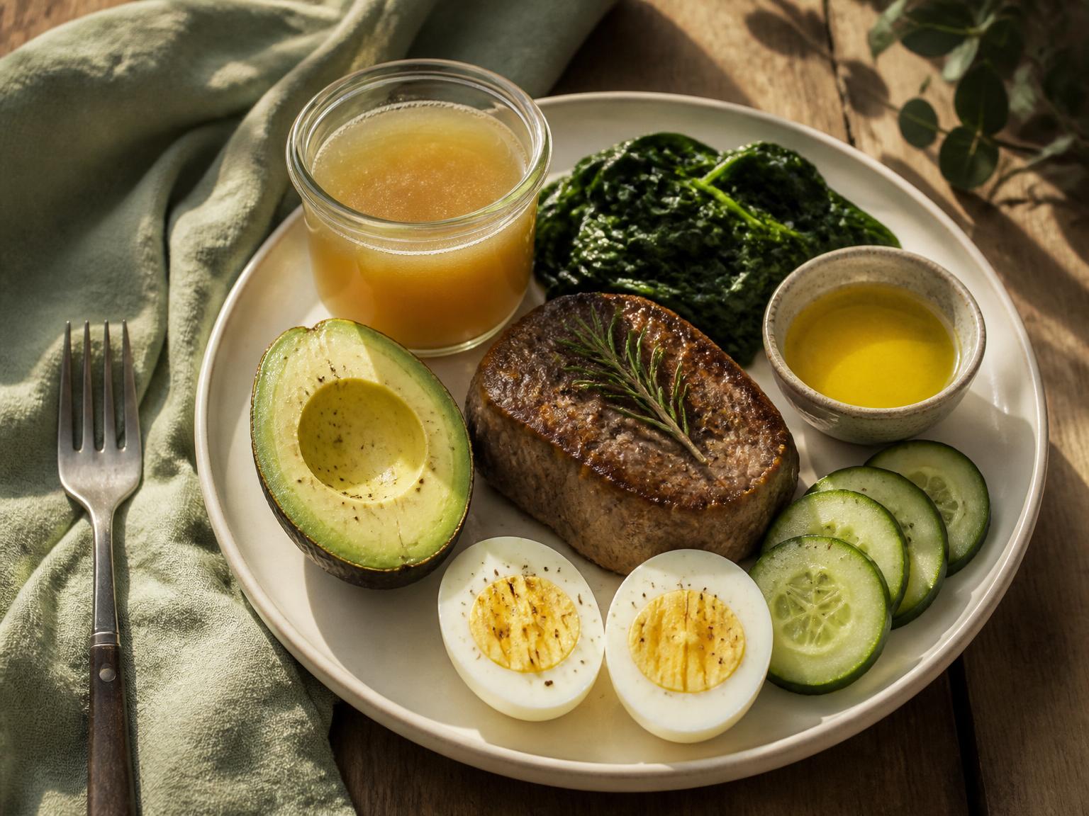 Nutritional Genesis — a plate of grass-fed steak, avocado, sautéed spinach, boiled eggs and a small jar of bone broth on a warm wooden table