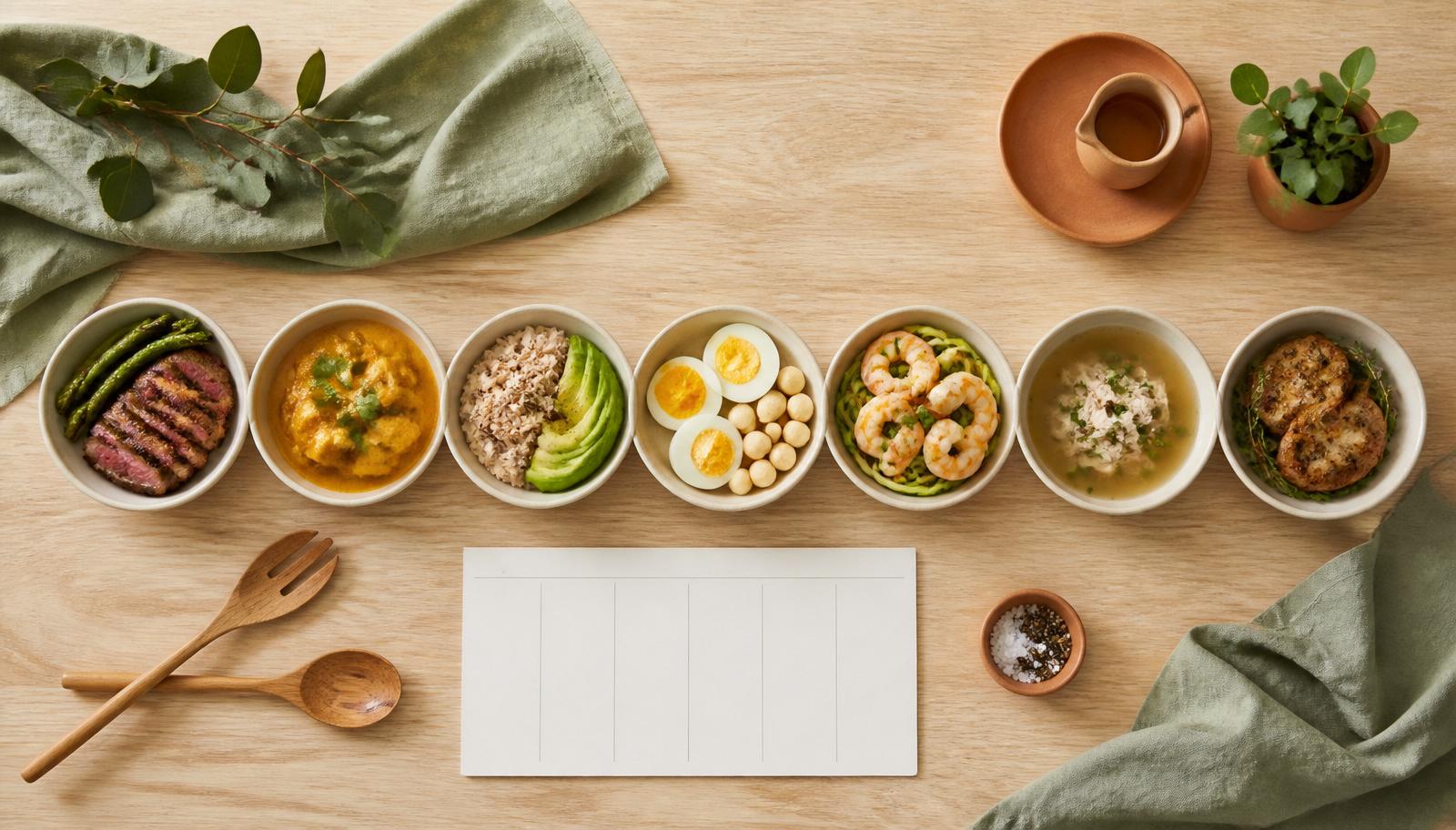 Overhead flat lay: seven small ceramic bowls, each with a different keto meal — the master 7-day menu of the Nutritional Genesis nutritional guide