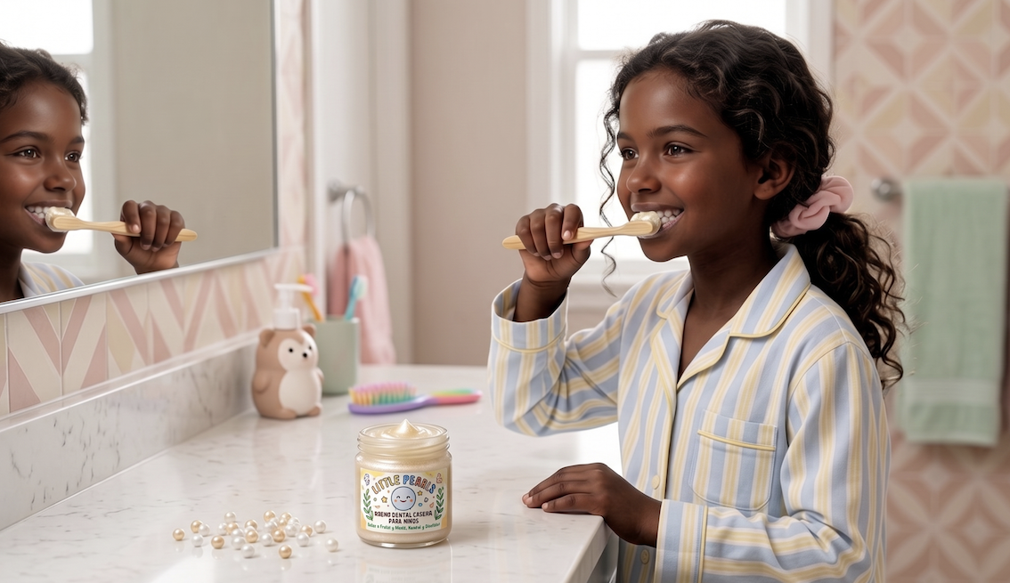 Girl brushing teeth with natural organic toothpaste
