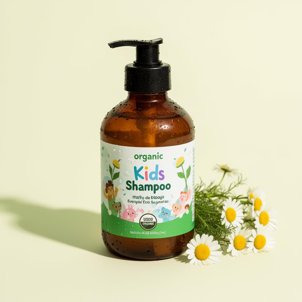 Organic kids shampoo botanicals on a fresh natural table