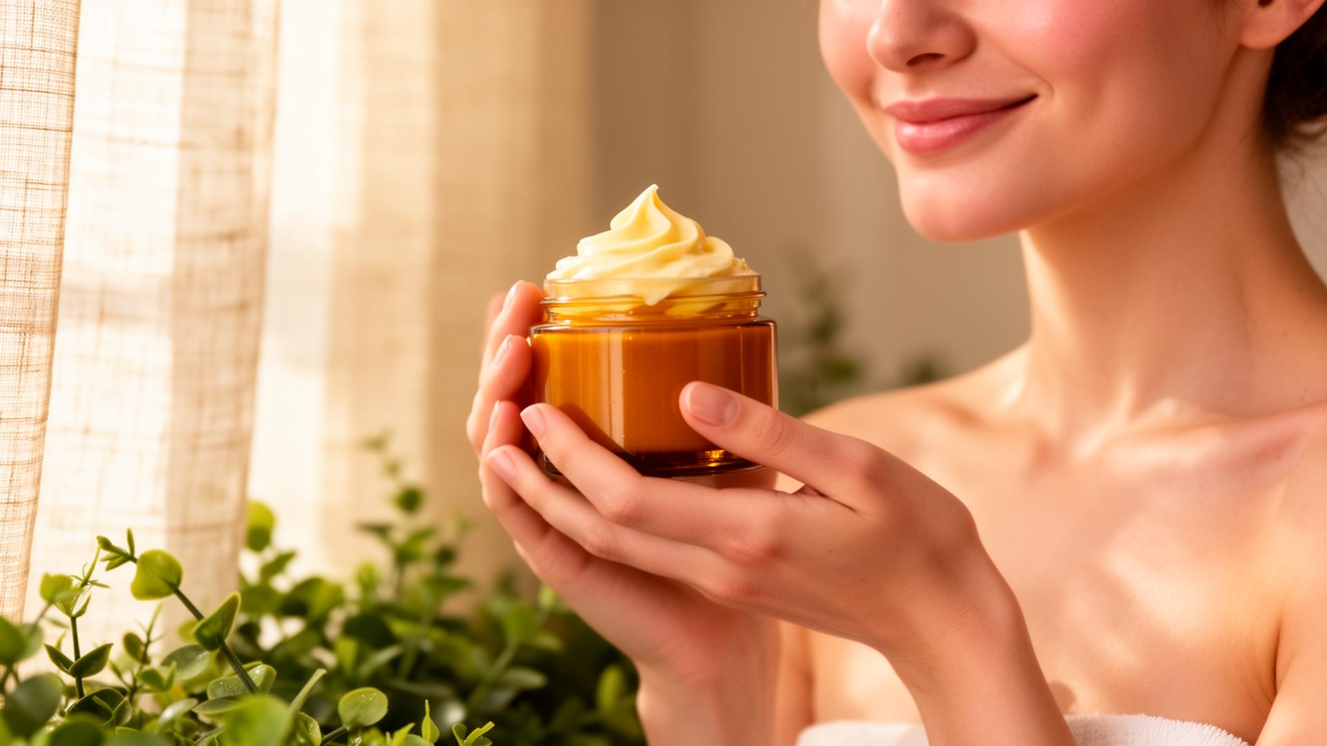 Woman delicately holding a jar of Porcelain Aura whipped Vitamin C cream