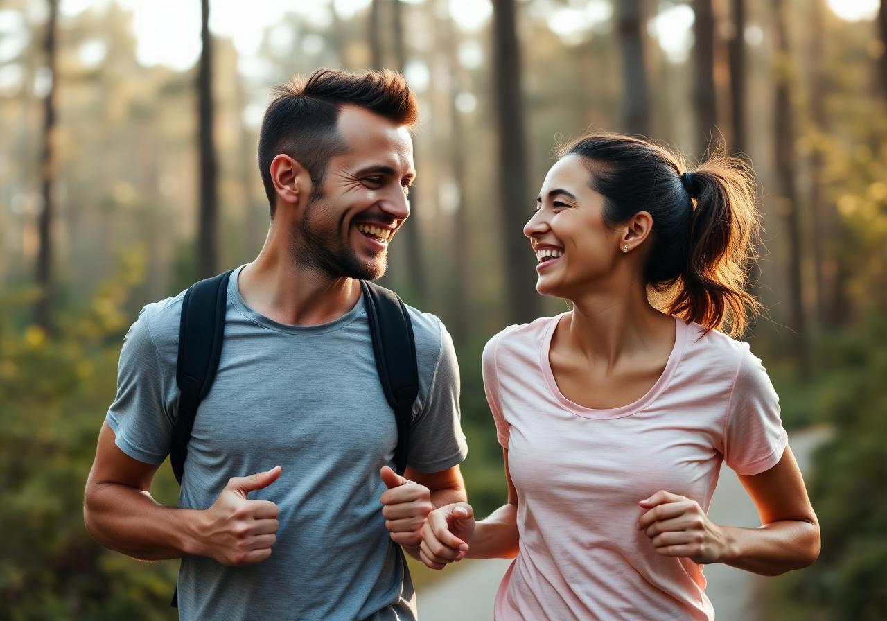 Active sporty couple laughing freely on a forest trail at sunrise