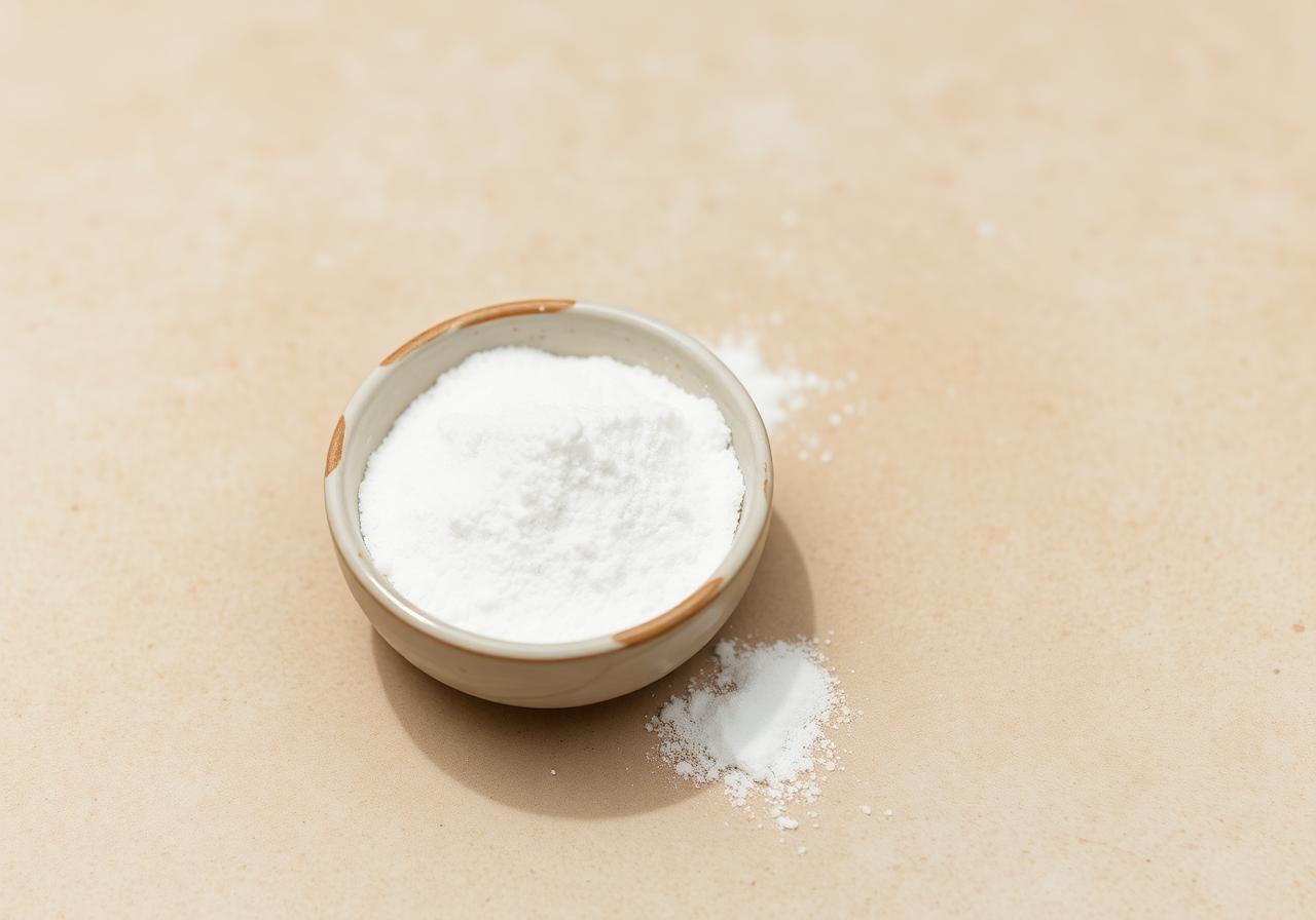Small ceramic bowl of pure white magnesium hydroxide mineral powder on a stone surface