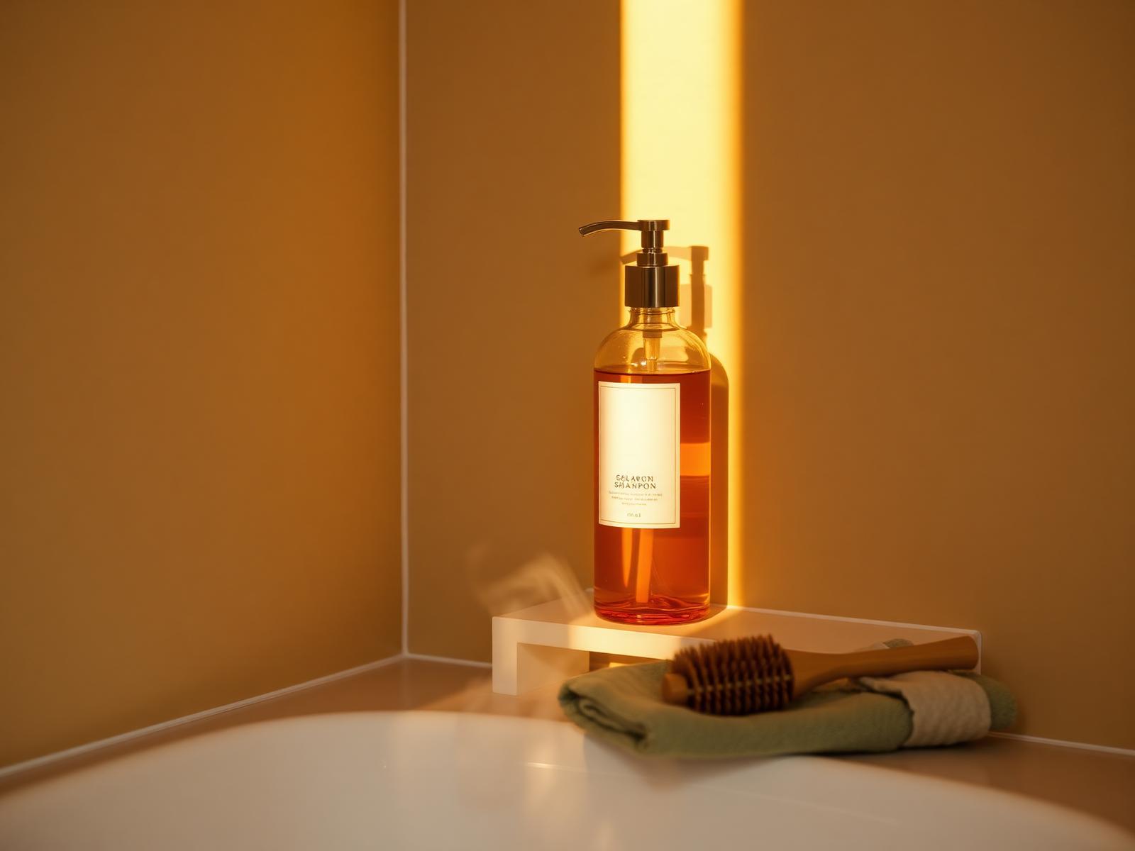 Silk Shine amber shampoo bottle on a modern bathroom shelf