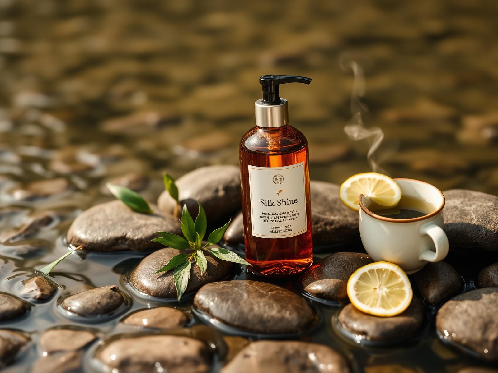 Silk Shine amber bottle on wet river stones with green tea leaves