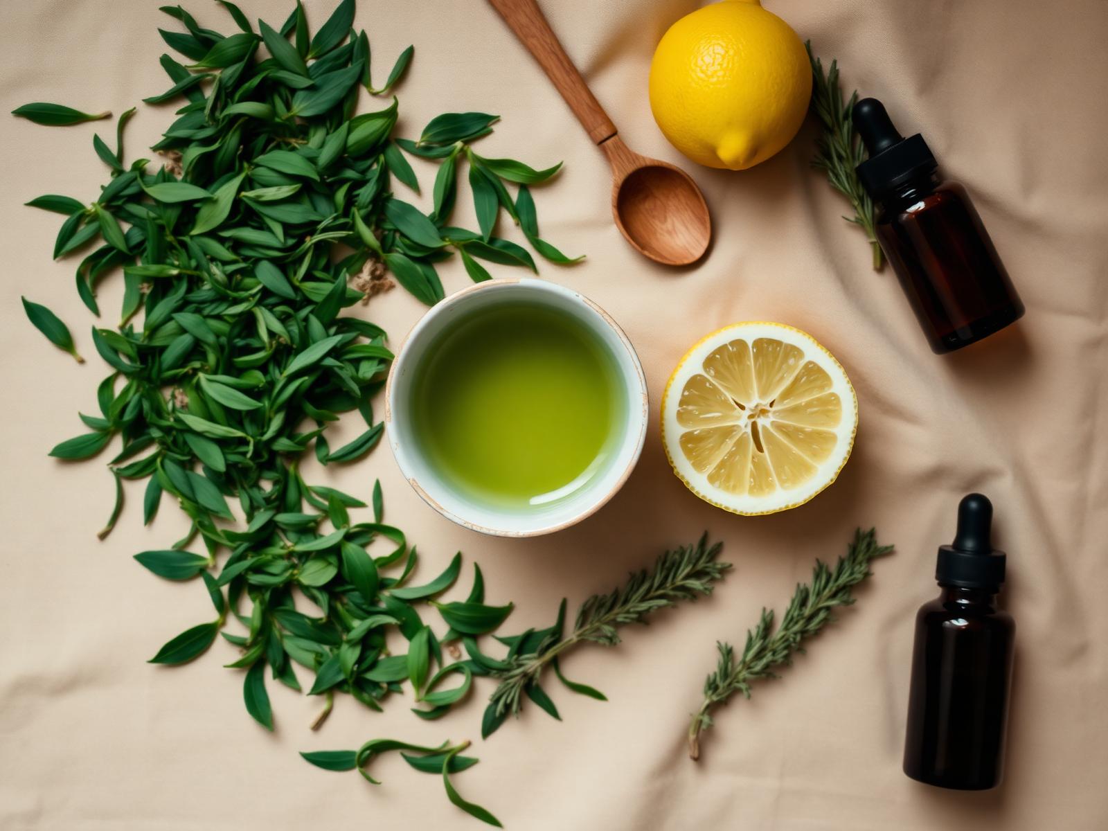 Green tea leaves, lemon, rosemary and a dropper — natural ingredients for Silk Shine