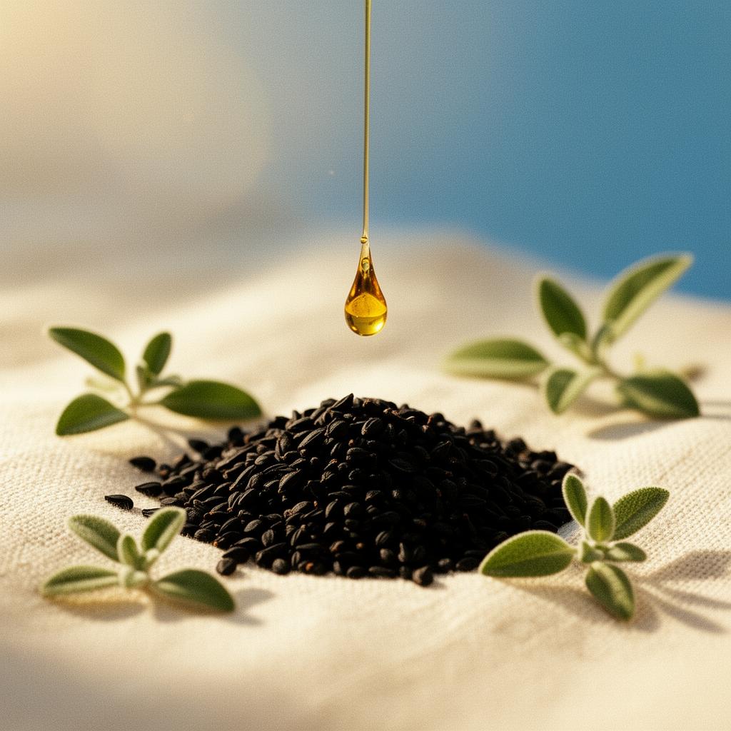 Black cumin seeds (Nigella sativa) with a single golden drop of oil falling onto cream linen, surrounded by sage sprigs