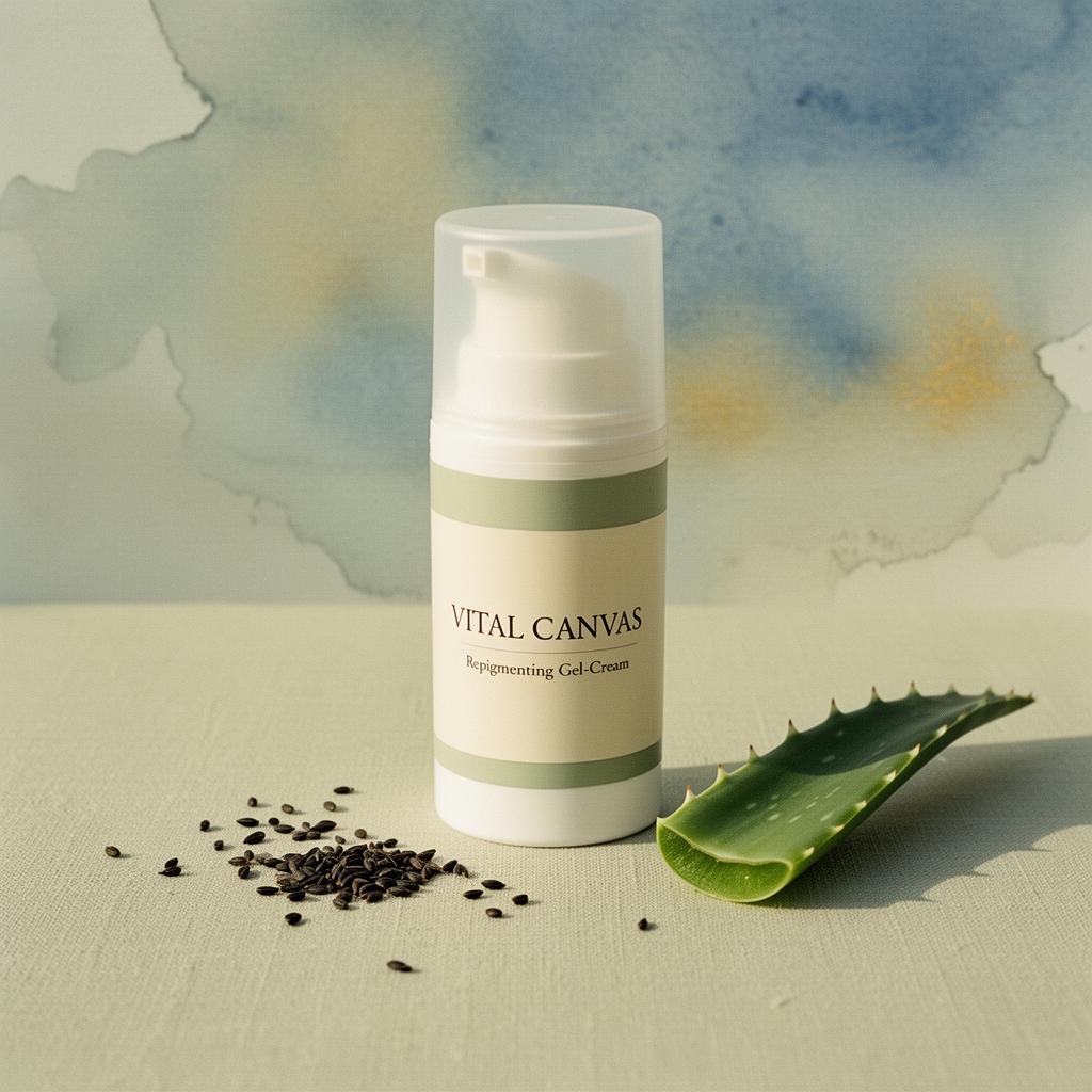 Vital Canvas airless pump bottle on cream linen with aloe leaf and black cumin seeds at dawn