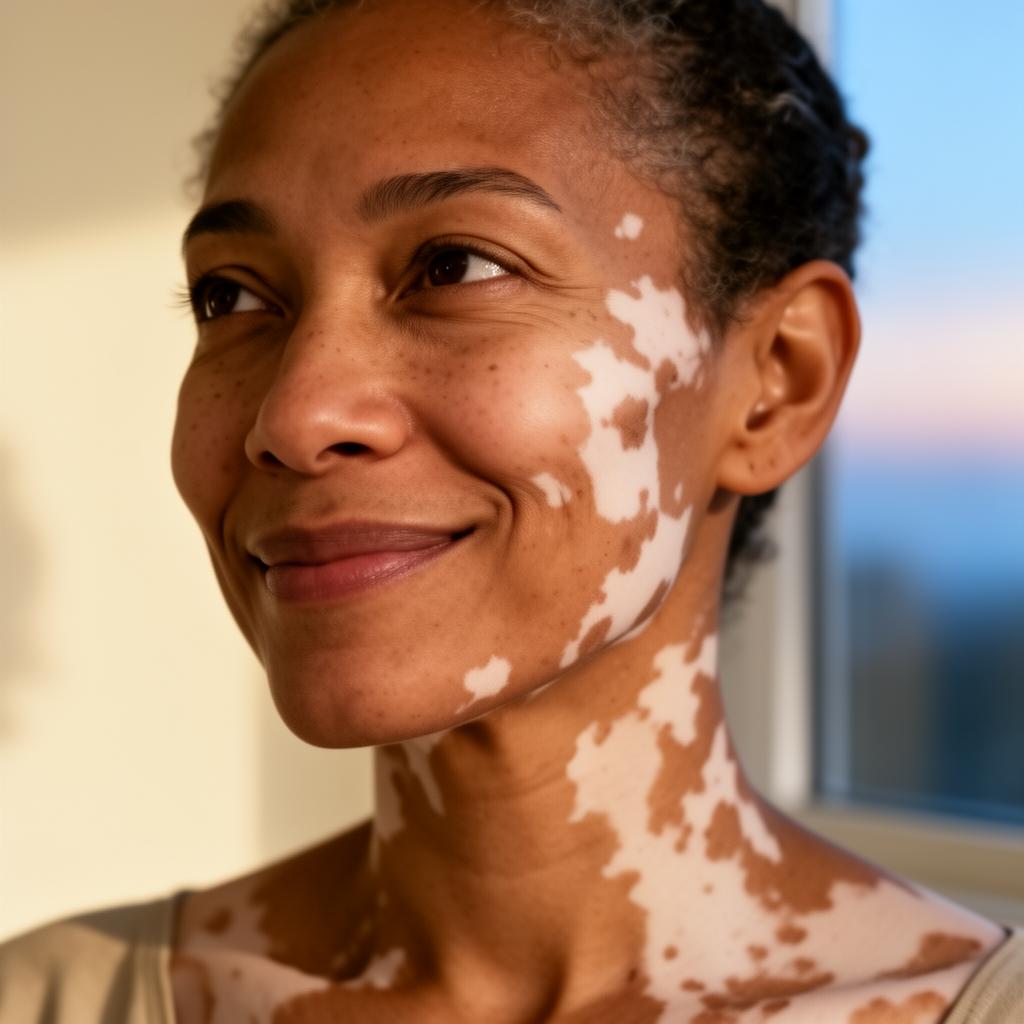 Person living with vitiligo looking peacefully toward soft morning window light, dignified and hopeful