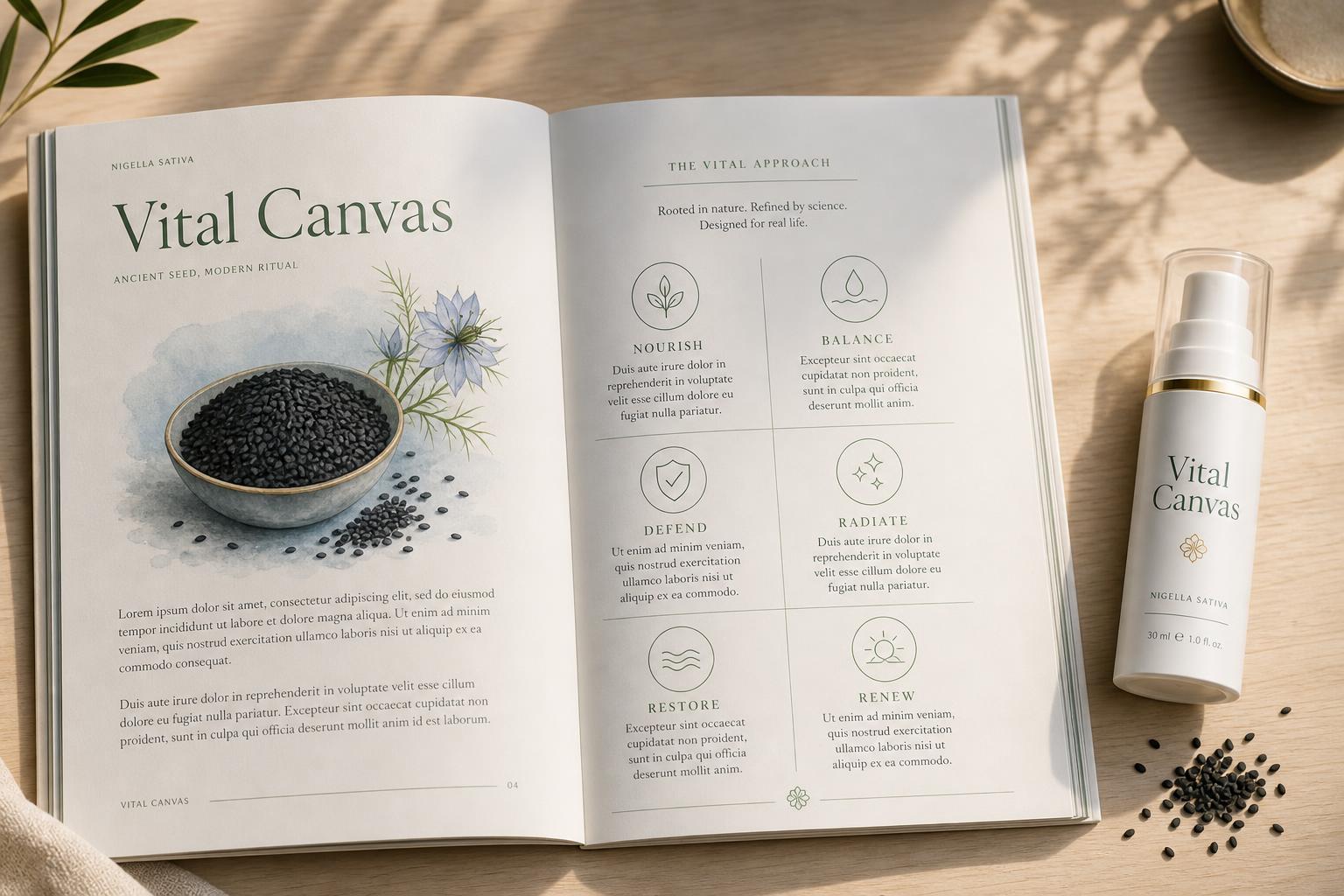 Premium Vital Canvas PDF guide opened on a warm wooden desk beside an airless pump bottle