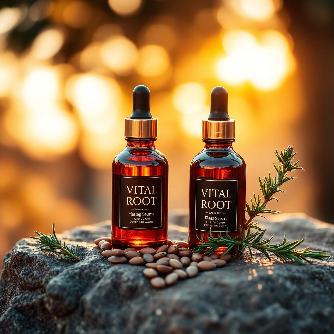 Vital Root amber dropper bottles on a sun-warmed stone with pumpkin seeds and rosemary at golden sunrise