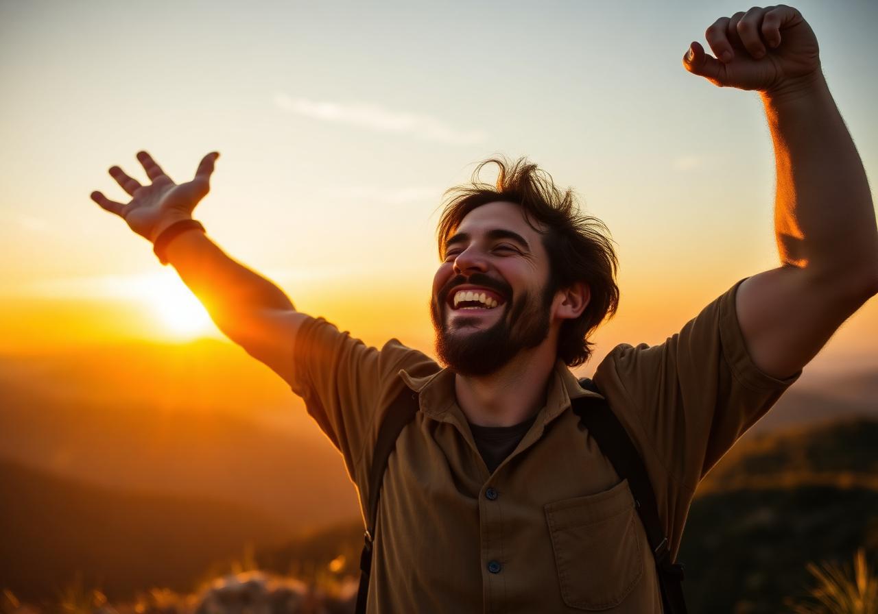 Confident smiling man with healthy hair raising arms in triumph at sunrise on a mountaintop