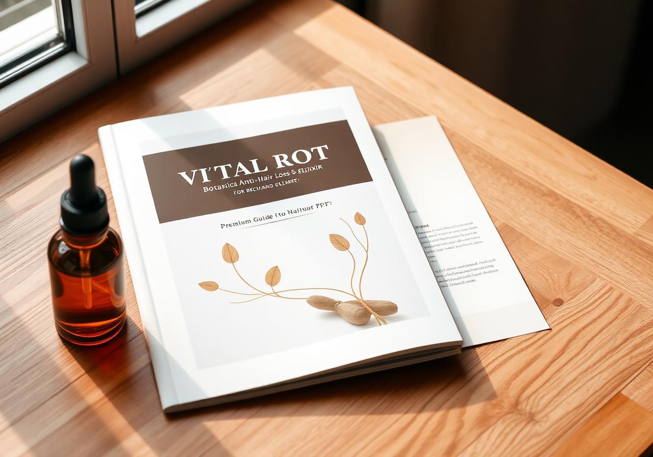 Premium Vital Root PDF guide opened on a warm wooden desk beside an amber dropper bottle