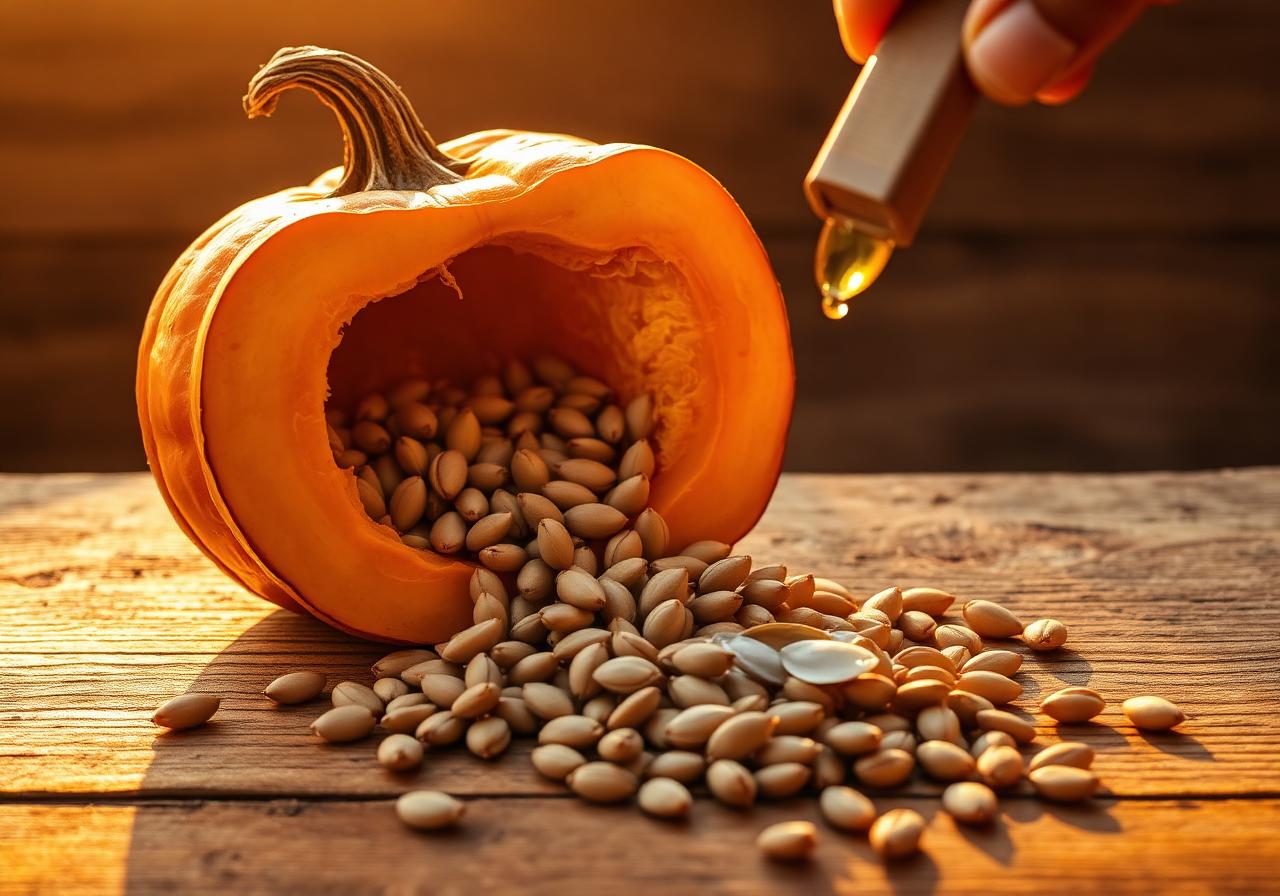 Halved fresh pumpkin spilling seeds with a single drop of golden oil on warm reclaimed wood